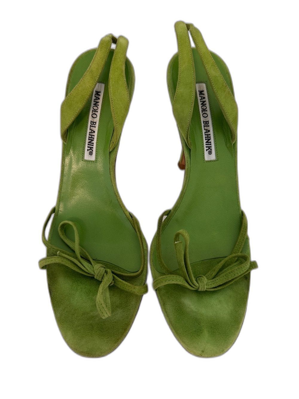 Manolo Blahnik Vintage EU 37 Lime Green Suede Bow Slingback Heels Open Toe Shoes